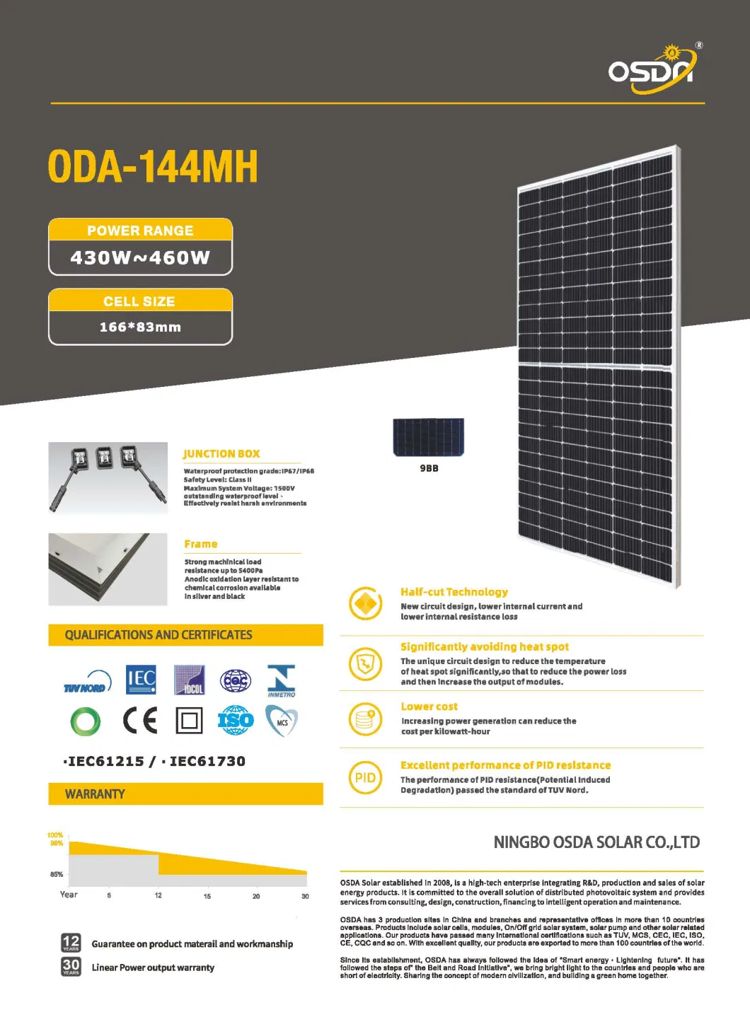 Tier 1 Osda Solar 2022 New Product Mono Half 144cells 450W Solar Panel